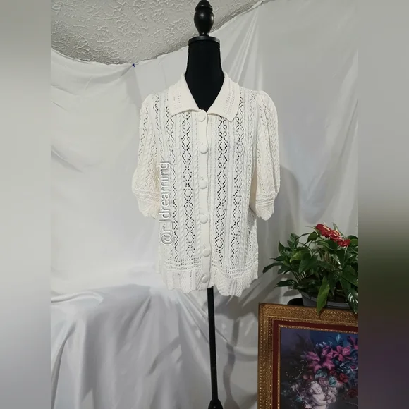 NWOT Lands' End Lace Pointelle Puff Sleeve Cardigan Sweater Size XL - Picture 2 of 7